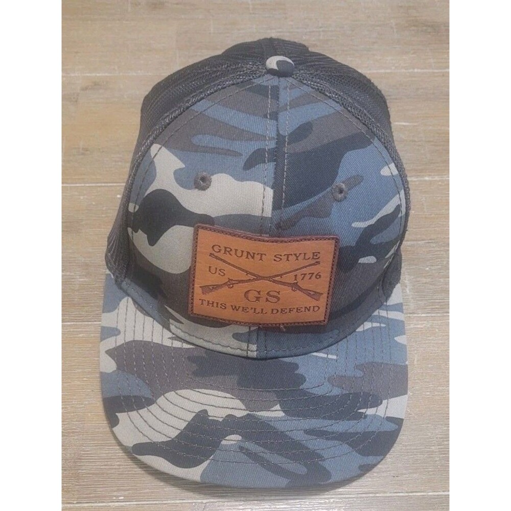 Grunt Style Camo Blue Gray Black Hat Leather Logo Cap Snapback THIS WE'LL DEFEND